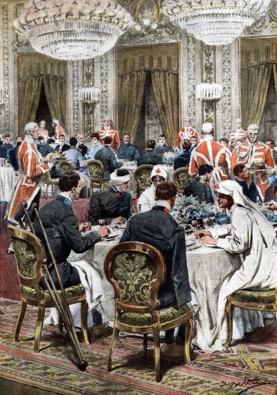 Queen of Italy Helena (Elena) of Montenegro hosted 140 war-mutilated victims of the Quirinale Hospital at a sumptuous banquet. The guests had lunch with the sovereigns, the princes, the Duke of Genoa, the Duchess of Aosta and General Diaz. Illustration by  by Achille Beltrame