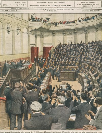 Re-opening of Italian Parliament on Evening of 22nd February, Cheering of Army after its Successful Campaign in Libya, by Achille Beltrame, Illustration, from La Domenica del Corriere, 3rd March 1912 by Achille Beltrame
