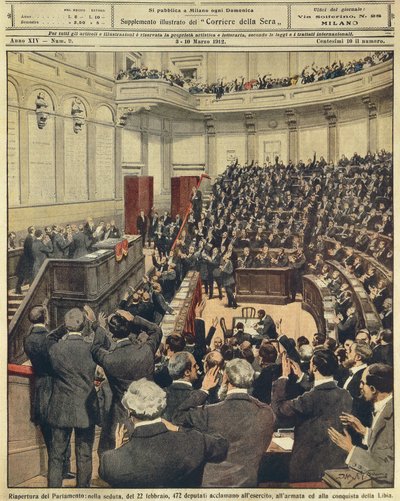 Re-opening of Italian Parliament on evening of 22nd February, cheering of army after its successful campaign in Libya by Achille Beltrame
