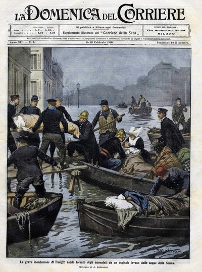 Rescue of the sick in Paris during the February 1910 floods. Cover of the Domenica del Corriere. 13 February 1910 illustration by Achille Beltrame by Achille Beltrame