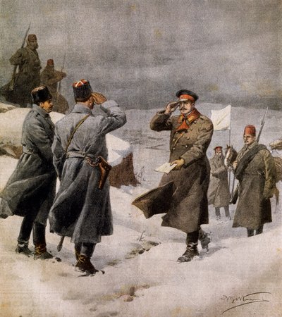 Resumption of war, Turkish parliamentarian arriving in Bulgarian camp bearing message announcing end of Armistice, illustration from La Domenica del Corriere, February 9 by Achille Beltrame