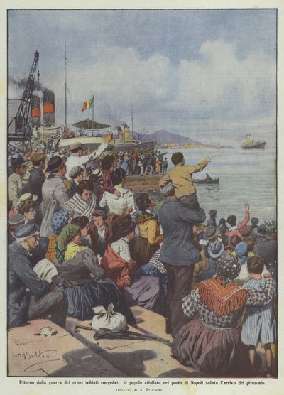 Return from the War of the First Discharged Soldiers, the Crowded People in the Port of Naples Greet by Achille Beltrame