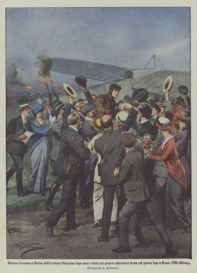 Triumphant return to Turin of aviator Perreylon after flying with his mechanic by Achille Beltrame