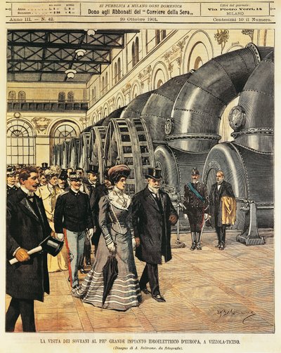Royals Visiting Largest Hydroelectric Power Station in Europe at Vizzola Ticino (Illustration) by Achille Beltrame