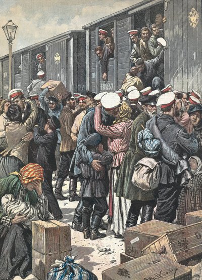 Russia. Departure of reservists. Illustrated by Antonio Beltrame. La Domenica del Corriere. October 9th by Achille Beltrame