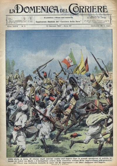 Scene of Joy in Addis Ababa, Ethiopia, Return of Ras Hailou from Major Police Operations. Parade in Honor of Benito Mussolini and the King of Ethiopia. Illustration by Achille Beltrame in 