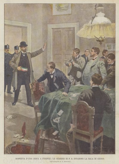 Discovery of a Gambling Den in Florence, The Police Invade the Gaming Room by Achille Beltrame