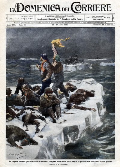 Seal fishermen, some of whom died, remained stranded on the ocean drifting ice. Illustration by Beltrame. La Domenica del Corriere. 12-19/04/1914. by Achille Beltrame
