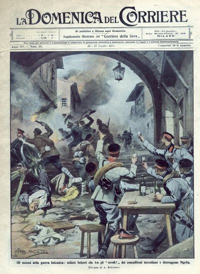 Second Balkan War (1913) between Bulgaria and Greece and Turkey: Bulgarian soldiers set fire and destroy Nigrita in Greece. Illustration of Beltrame. by Achille Beltrame
