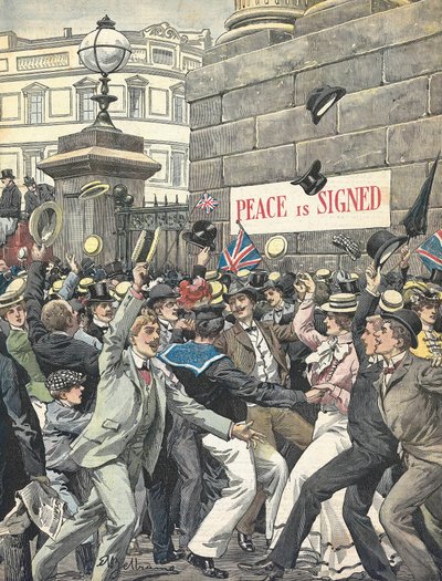 Second Boer War. Announcement of the End of the War in the Streets of London. Illustration by Antonio Beltrame. La Domenica del Corriere by Achille Beltrame
