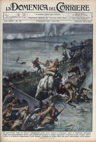 Second Sino-Japanese War (1937-1945): clashes in rice fields near Shanghai. Illustration by Achille Beltrame from 