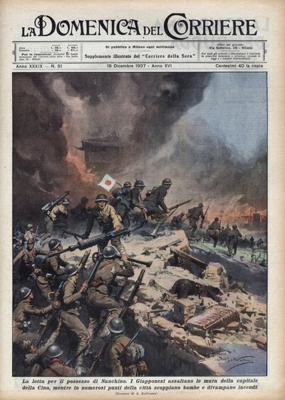 Second Sino-Japanese War (1937-1945): episode of the Nanjing Massacre (sack or rape of Nanjing) at the time of conflicts over the possession of the region. Illustration of Achille Beltrame in 