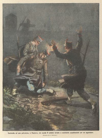 Sentinel at a Gunpowder Magazine in Mantua Kills the Soldier Sent to Replace Him Mistaking Him for an Attacker by Achille Beltrame
