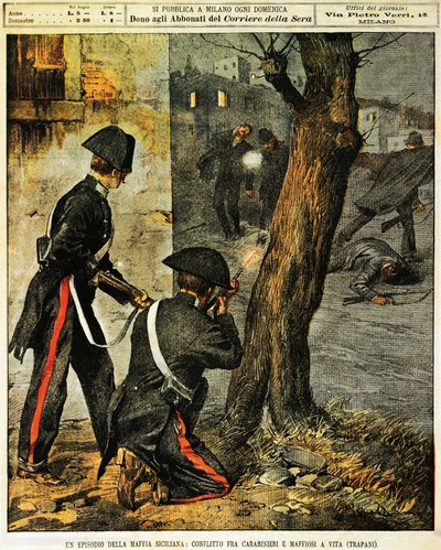 Sicilian mafia event, Fighting between carabinieri and mafia gangsters in Trapani, illustration by Achille Beltrame, from La Domenica del Corriere, 31st December 1899 by Achille Beltrame
