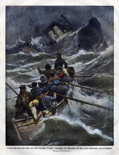 Sinking of an Italian boat off Tuscany in 1910. illustration by Achilles Beltrame by Achille Beltrame