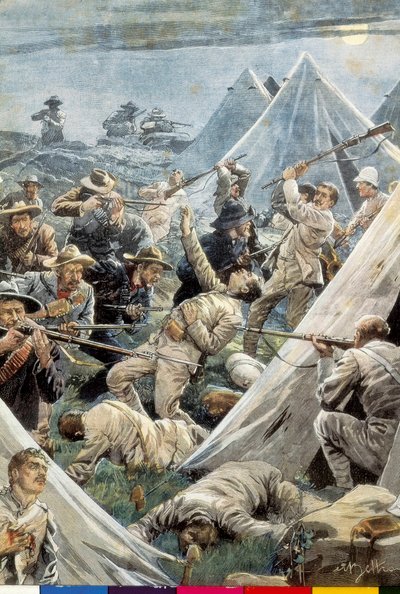South Africa. Second Boer War. Attack to the English camp of Tweefontein (1902). Illustration by Achille Beltrame by Achille Beltrame
