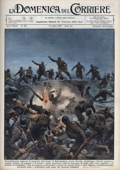 Spanish Civil War: A division of Italian volunteers flee the Spanish Republican Army in the Merida region, Spain. Illustration of Achille Beltrame in 