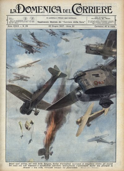 Spanish Civil War: Air Clashes Between Republican and Nationalist Airplanes Over Spain at War. Illustration of Achille Beltrame in 