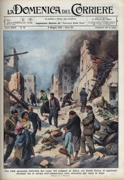 Spanish Civil War: view of the ruins of the city of Eibar in the Basque country. Illustration of Achille Beltrame in 