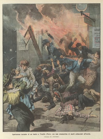 Terrifying fire in a theater in Trujillo (Peru), with about fifty people crushed to death at the exit by Achille Beltrame