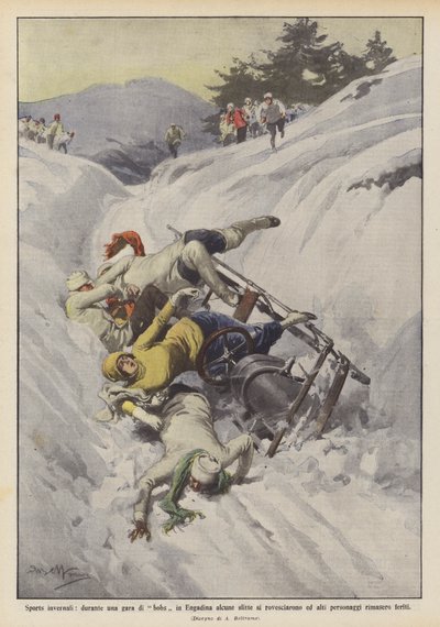 Winter Sports, During a Bobsleigh Race in Engadine Some Sleds Overturned by Achille Beltrame
