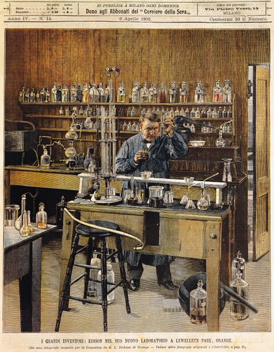 The American inventor Thomas Ava Edison in his new laboratory at Lewellein Park, Illustration by Achille Beltrame, La Domenica del Corriere by Achille Beltrame