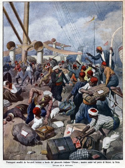 The Italian liner Perseo at the time of entry into the port of Beirut in Syria is stormed by sea bandits - Illustration of Beltrame in La Domenica del Corriere 07/1913 by Achille Beltrame