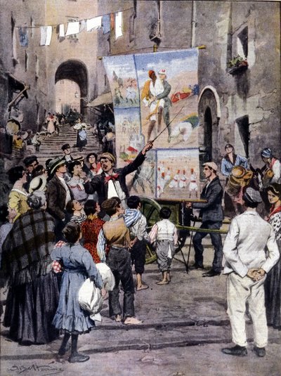 The Poesy of War: The latest popular songs inspired by the Libyan War are sung in the streets of Naples by street artists. Illustration by Beltrame. La Domenica del Corriere. 1912 by Achille Beltrame