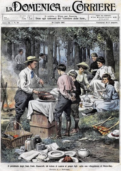 The President of the United States Theodore Roosevelt (1858-1919) taught his sons the duties of a man of good society by cutting off his leg during a picnic in his second residence in Oyster Bay. Illustration by Achille Beltrame. La Domenica del Corriere by Achille Beltrame