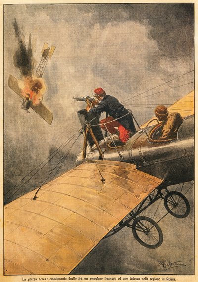 The War in Air: Duel between French plane and German one in sky over Reims, by Achille Beltrame, from La Domenica del Corriere, 25th October 1914 by Achille Beltrame