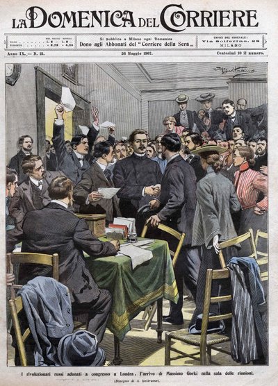 The arrival of Maxim Gorki in the meeting room at the Congress in London after the revolution of 1905 in Russia. Cover of La Domenica del Corriere from 26/05/1907. by Achille Beltrame