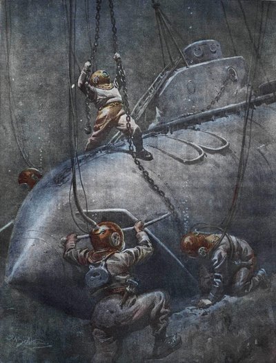 The catastrophe of the French submarine Pluviose in 1910. The scaphandlers try to fix the chains to pull it up. Illustration by Achille Beltrame by Achille Beltrame