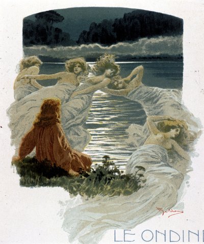 The characters of the ondines, young nymphs of the waters of Germanic mythology. Illustration by A. Beltrame by Achille Beltrame