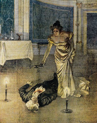 The Death of Scarpia at the End of Act II of Tosca by Giacomo Puccini, Plate by Achille Beltrame, La Domenica del Corriere, February 4 by Achille Beltrame