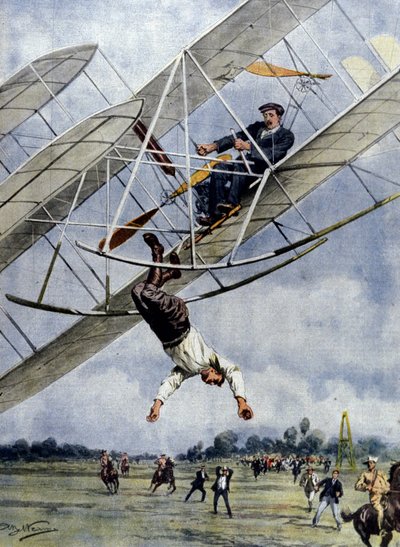 The dramas of the air: Orville Wright and the American lieutenant Selfridge hurtle with their plane from an altitude of thirty meters. Illustration by Beltrame. La Domenica del Corriere. 1908 by Achille Beltrame