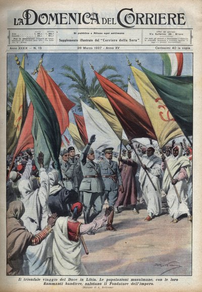 The duce Benito Mussolini on a trip to Libya is greeted by the crowd. Illustration of Achille Beltrame in 