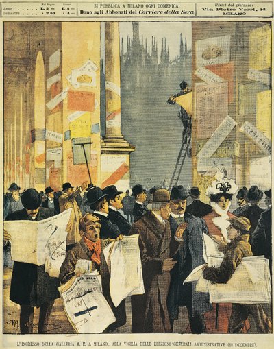 The entrance to Galleria Vittorio Emanuele in Milan, on eve of general administrative election, by Achille Beltrame, from La Domenica del Corriere by Achille Beltrame