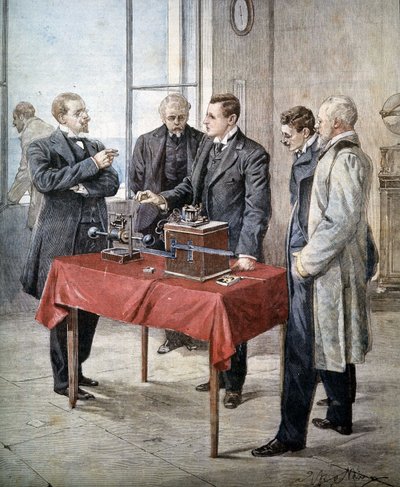 The experiences of Guglielmo Marconi (1874 - 1937) in 1899: Wireless Telegraphy across the Channel. Illustration by Achille Beltrame in Domenica del Corriere by Achille Beltrame