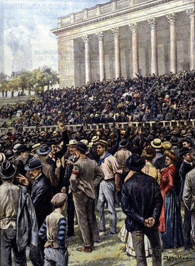 The general strike in Milan: thousands of workers gathered at the Arena. Illustration by A. Beltrame. La Domenica del Corriere by Achille Beltrame