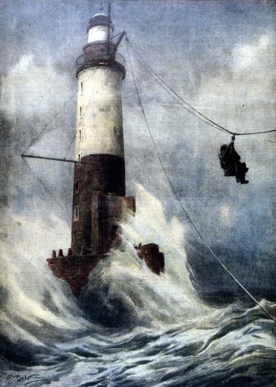 The keeper of the lighthouse of Amen, on the French coast, had remained isolated from the mainland for 53 days due to bad weather conditions. He managed, thanks to a dangerous acrobatic journey, to return to land. Illustration by A. Beltrame. La Domenica d by Achille Beltrame