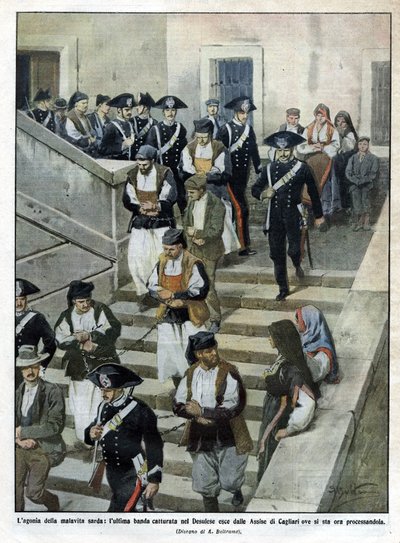 The Last Gang of Sardinian Criminals Leaving the Assize Court in Cagliari Where the Trial Takes Place. Illustration by Beltrame. La Domenica del Corriere. 07/1913 by Achille Beltrame