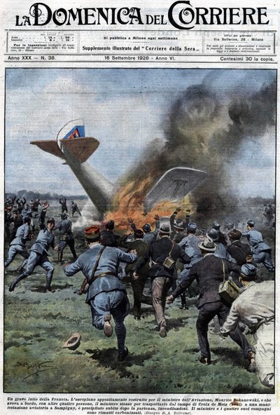 The plane, built for French aviation minister Maurice Bokanowski, who was to take him and four other people to the Camp de la Croix de Metz for a demonstration in Sampigny, crashed shortly after takeoff, catching fire. The minister and the other four peopl by Achille Beltrame