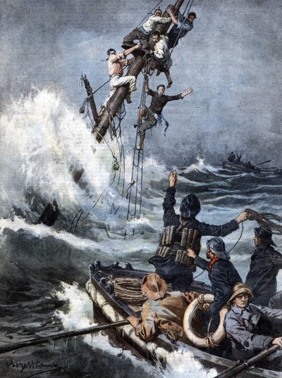 The rescue team brought back safely the sailors of a shipwrecked steamboat after 40 hours perched on the masts of the sinking ship. Illustration by Beltrame. La Domenica del Corriere. 08/1909. by Achille Beltrame