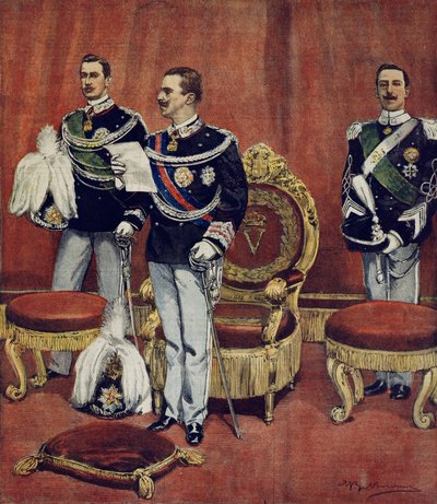 The swearing in of King Vittorio Emanuele III in Senate Chambers in Rome, from La Domenica del Corriere by Achille Beltrame