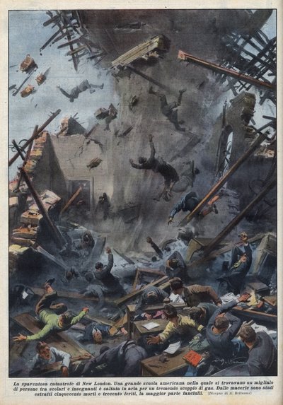 The Tragedy of a School Explosion in New London, Texas, Caused by a Gas Leak on March 18. Illustration of Achille Beltrame in 