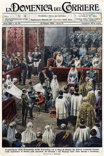 The wedding of Princess Lydia of Arenberg and Duke of Pistoia: a magnificent ceremony in the Cathedral of Turin, in the presence of the rulers and princes of the House of Savoy and the Arenberg family. Illustration by Baltrame. La Domenica del Corriere. 13 by Achille Beltrame