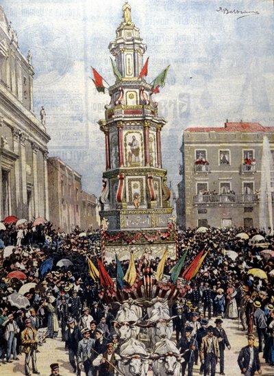 Traditional Sicilian Festival: A tank led in procession to Casteltermini (Girgenti). Illustration by Beltrame in 