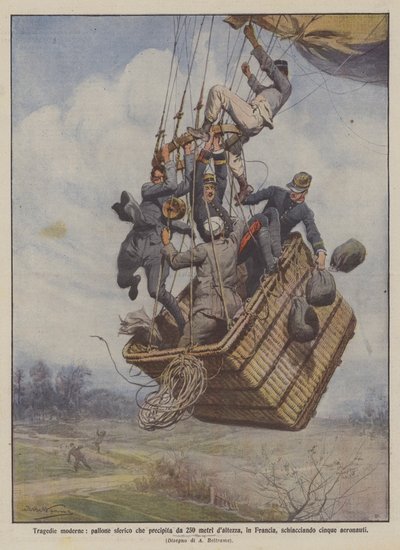 Modern tragedies, spherical balloon falling from 250 meters in France, crushing five aeronauts by Achille Beltrame