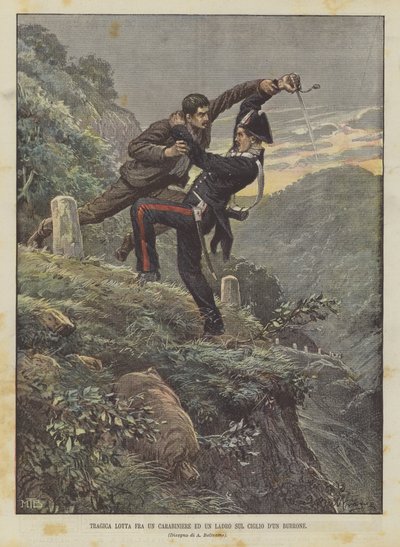 Tragic Struggle Between a Carabiniere and a Thief on the Edge of a Cliff by Achille Beltrame