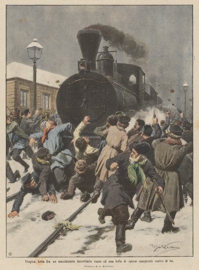 Tragic Fight Between a Russian Railway Engineer and a Crowd of Infuriated Workers by Achille Beltrame